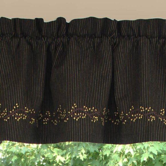 New Primitive Ticking Black Valance with Berry Vine design - Picture 1 of 3